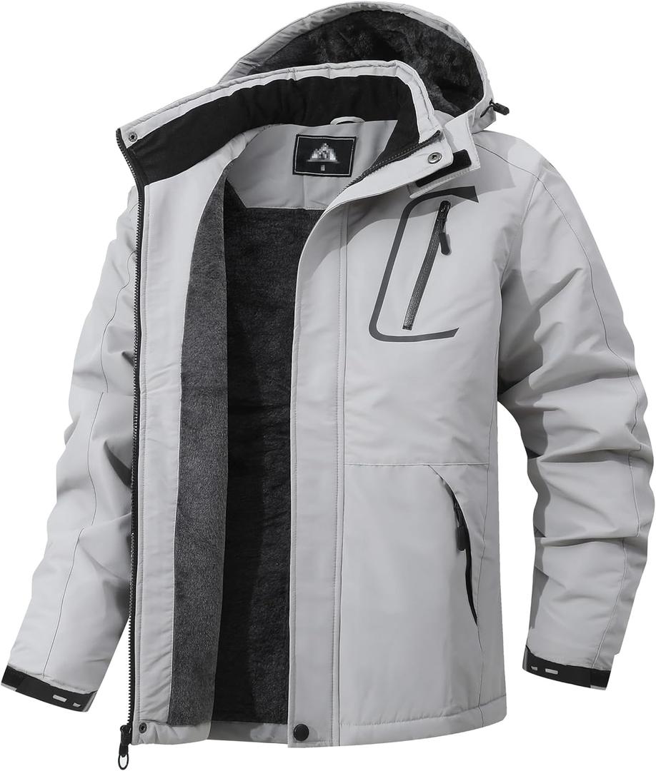 Men's Mountain Winter Coat Warm Fleece Ski Snow Jacket Waterproof Raincoat with Hood (X-Large, Light Gray)