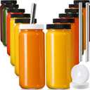 12 PACK Glass Juice Bottles with 12 Airtight Lids & 2 Straw Hole Lids & 2 Straws - 16OZ Travel Juicing Jars, Drinking Water Cups - Reusable Tall Mason Jar for Juice, Bubble Tea, Smoothie, Kombucha
