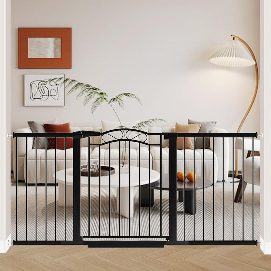 Fairy Baby 68.2"-70.8" Extra Wide Baby Gate with Door, 69 70 Inches Walk THR Baby Gates for Stairs Pressure Mounted no Drill, Indoor Tension Metal Child Pet Dog Safety Gate for Kids, Black