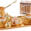 Alisveristime Premium Turkish Coffee Set - 12-Person Turkish Coffee, Cezve, 2-Person Cups, Delight Bowl, and Tray (Gold)