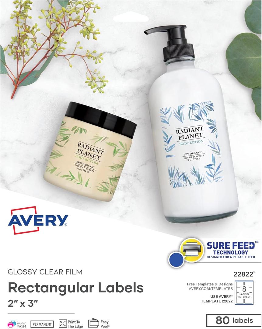 Avery Printable Blank Rectangle Labels, 2" x 3", Glossy Crystal Clear, 80 Customizable Labels (22822)