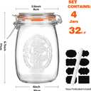 32oz Wide Mouth Glass Jars 4 Pack with Airtight Hinged Lids, Large Clear Kitchen Canisters with Measurement Marks & Decorative Fruit Design for Flour, Coffee, Beans, and Canning (4pack-32oz)