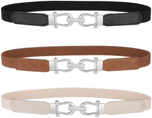 JASGOOD Women Skinny Elastic Belt for Dresses,Thin Retro Stretch Waist Belt with Golden Buckle