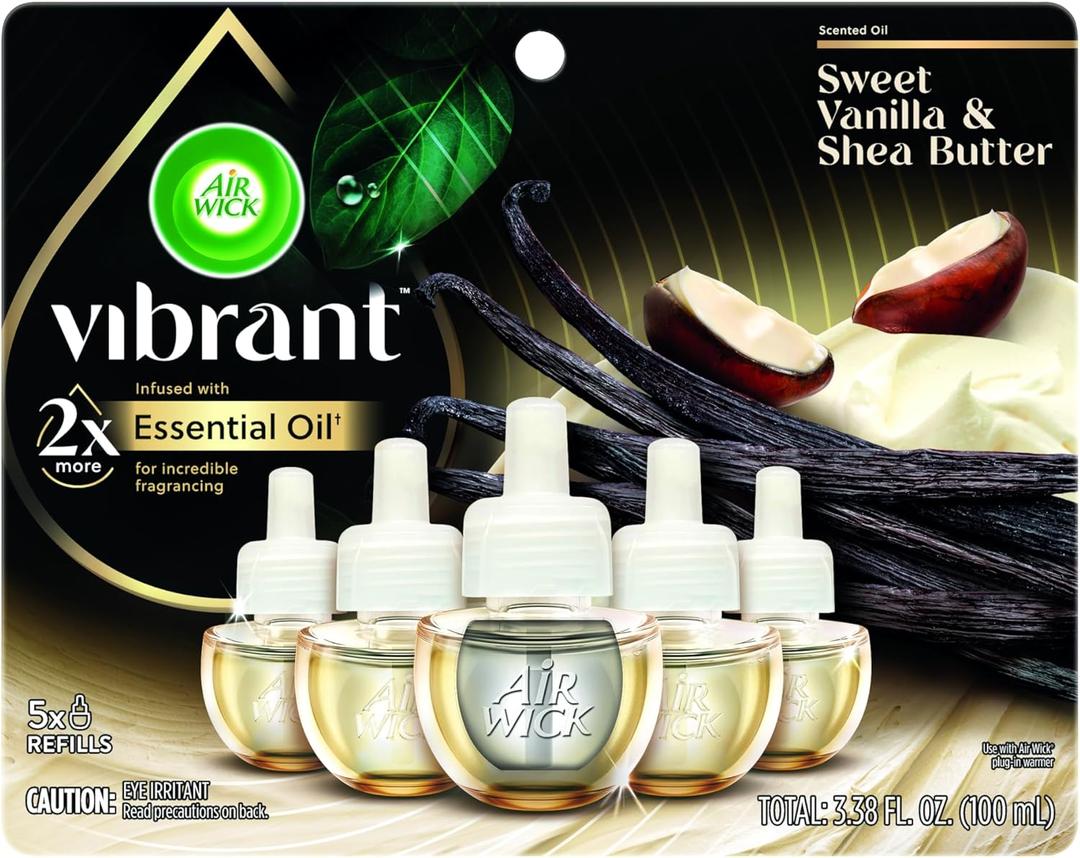 Air Wick Vibrant Plug In Scented Oil Refill, Infused with Essential Oils, Plug In Air Fresheners for Home, Sweet Vanilla & Shea Butter, 5 ct