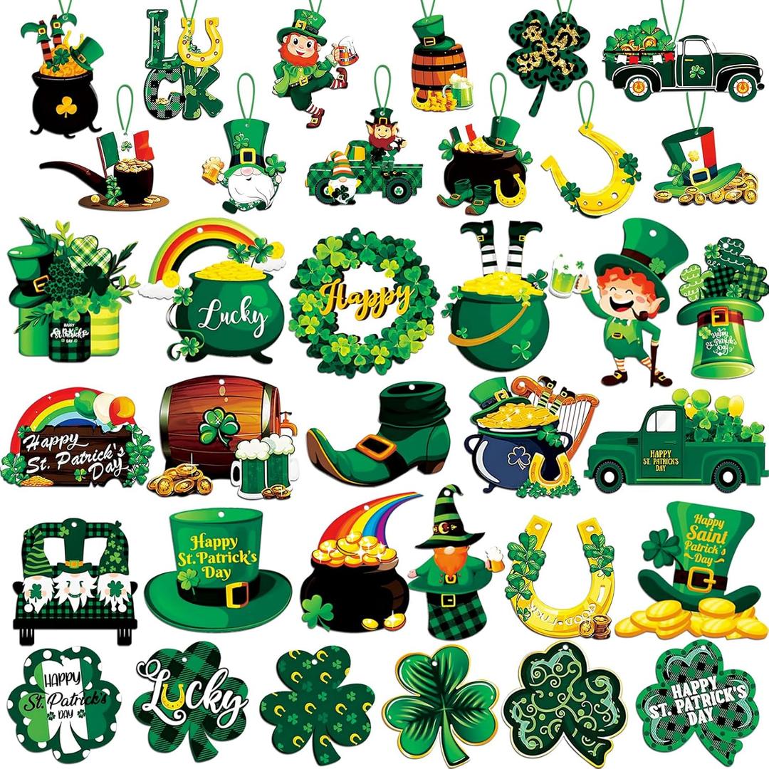 St. Patricks Day Decorations 36pcs Wooden Shamrock Ornaments, Spring Lucky Irish Day Tree Ornaments St Patrick's Day Home Party Hanging Decorations