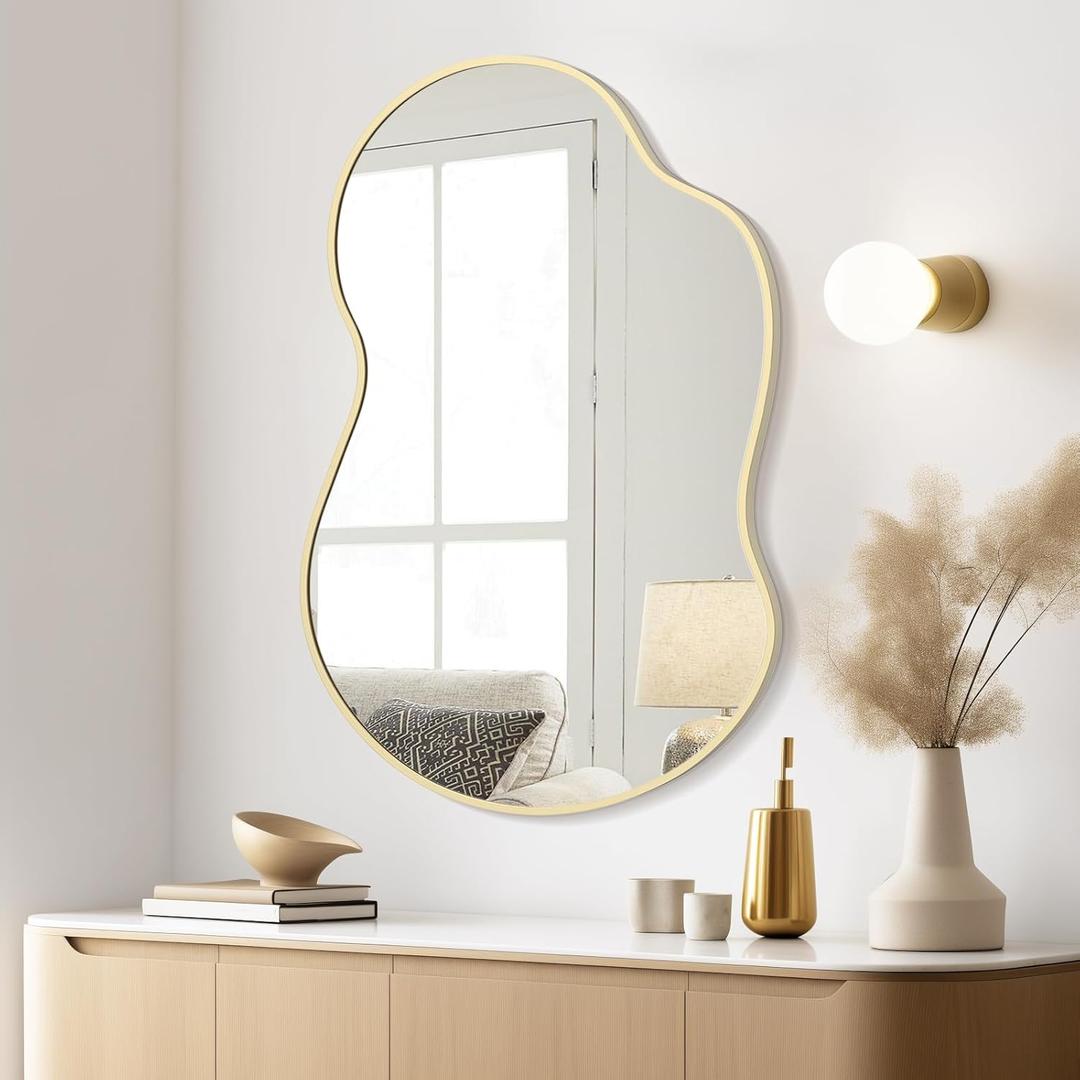 WallBeyond Gold Asymmetrical Mirror, Modern Irregular Wall Mirror with Aluminum Frame for Bedroom, Bathroom, Living Room, and Entryway 36" H x 24" W (Gold) WallBeyond Gold Asymmetrical Mirror, Modern Irregular Wall Mirror with Aluminum Frame for Bedroom, Bathroom, Living Room, and Entryway 36" H x 24" W (Gold)
