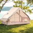 WaldZimmer Inflatable Tent w/Stove Jack, Blow-Up Tent | Glamping Air Tent Oxford Waterproof/Windproof 4-Season Fit. Quick Setup with a Hand Pump, Cabin House Design, 9.74ft*6.46ft*6.56ft (Beige)(3-4 person)