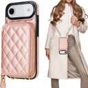 Bocasal Crossbody Wallet Case for iPhone 17 Air, RFID Blocking PU Leather Zipper Handbag Purse Flip Cover, Kickstand Folio Case with Card Slots Holder Wrist Strap Lanyard 5G 6.5 Inch (Rose Gold)