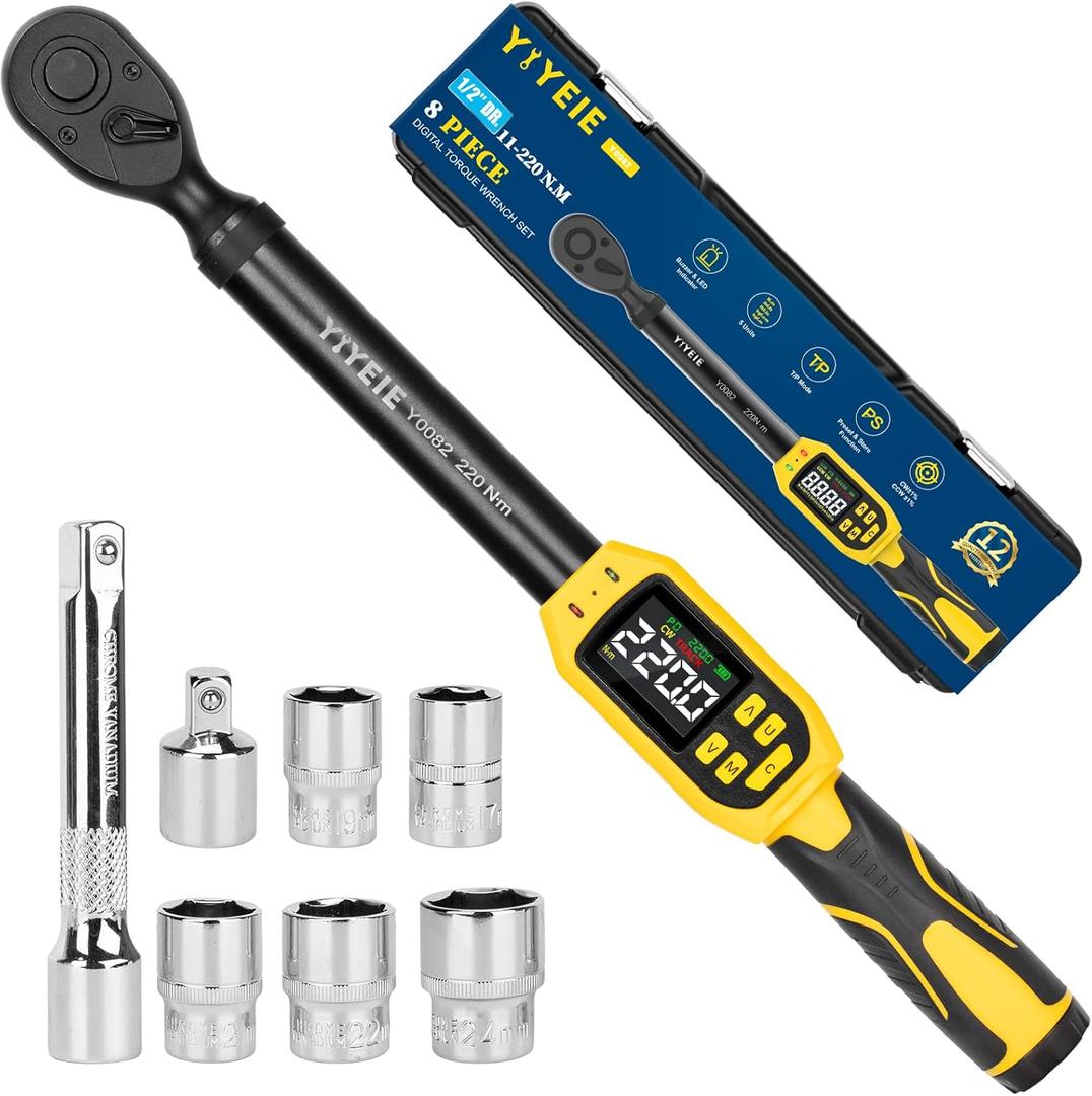 8PC Digital Torque Wrench 1/2" Drive | 8.5-160 ft-lb | 1% Accuracy | Smart Alert Multi | 1/2-Inch Go-To Tire-Lug Kit for Moto, Auto, DIY with 5 Sockets, Extension Bar, Adapter | 16.5 inch long