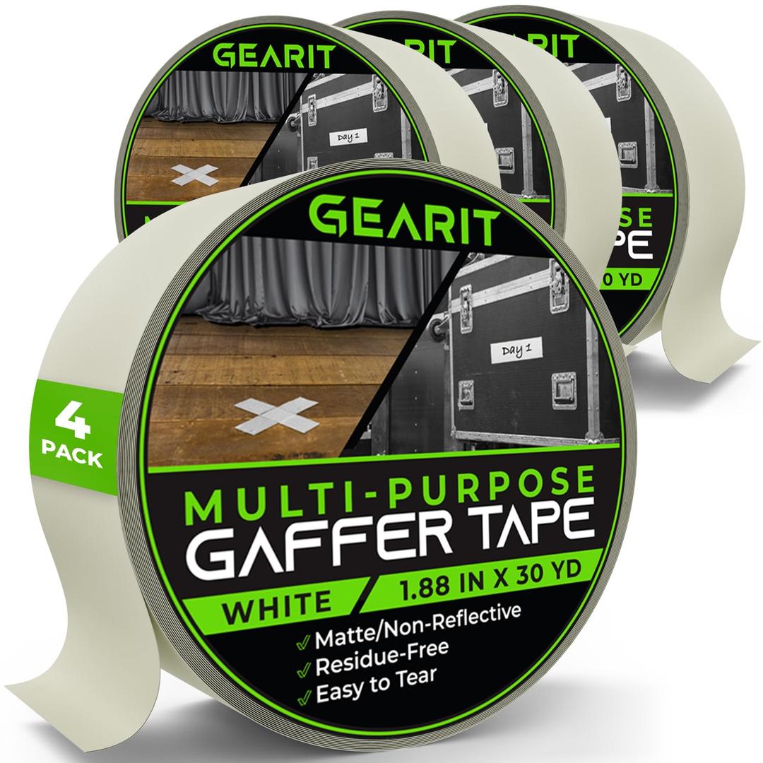 GEARit Gaffer Tape (4-Pack, 1.88in, 30yd Each) White Gaffers Tape, Heavy-Duty Waterproof, Easy to Tear by Hand, Multipurpose Gaff, Non-Reflective Matte - 2 Inch, 4 Roll, 90 Feet