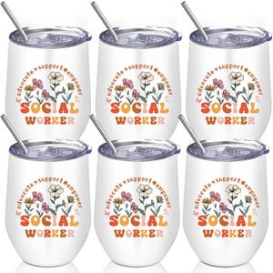 Sieral 6 Pcs Social Worker Gift 12oz Boho Stainless Steel Tumbler with Lid Thank You Coffee Mugs Bulk Social Worker Appreciation Gifts for Volunteers Staff Employee Retirement Gifts