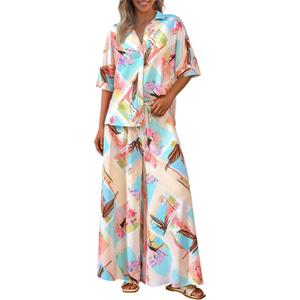 PRETTYGARDEN Women's 2 Piece Beach Vacation Outfit 2025 Casual Summer Floral Button Down Shirt Wide Leg Pants Matching Sets, Small, Floral White Multicolor 