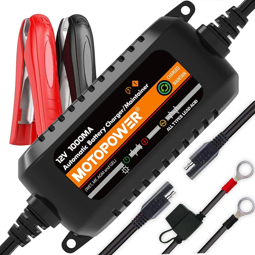 MOTOPOWER MP00205B 12V 1000mA Automatic Battery Charger, Battery Maintainer, Trickle Charger, and Battery Desulfator with Timer Protection - Black Edition