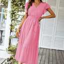 PRETTYGARDEN Women's Summer Floral Boho Dress Wrap V Neck Short Sleeve Ruffle A-Line Flowy Maxi Wedding Guest Dresses (Solid Rose Pink,Medium)