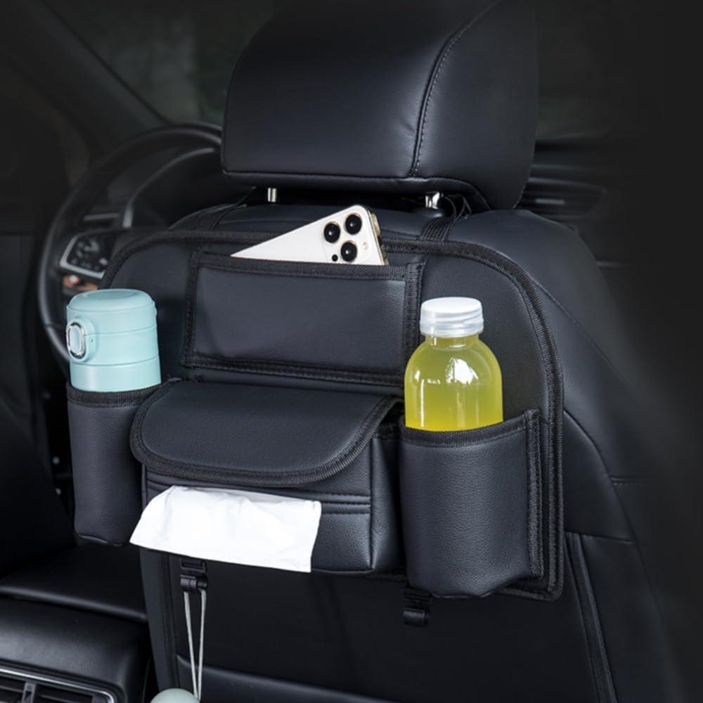 Generic Car Back Seat Organizer Hanging Car Storage Bag Automotive Seat Back Organizers Leather Car Storage Pocket with Tissue Holder