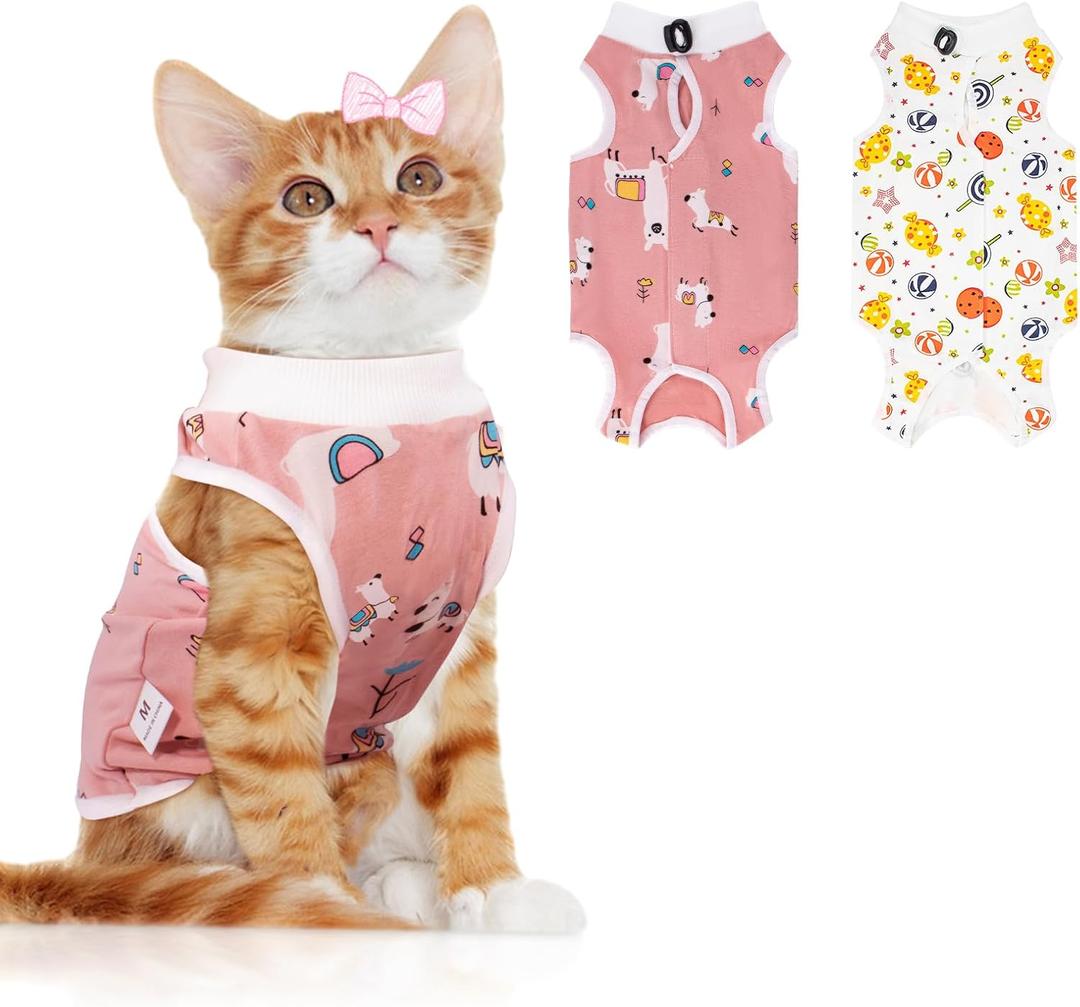 Coppthinktu 2 PCS Cat Recovery Suit Female Cat Onesie for Cats After Surgery Spay Abdominal Wounds, Kitten Recovery Suit Female Breathable E-Collar Alternative Kitten Onesie Anti Licking Large