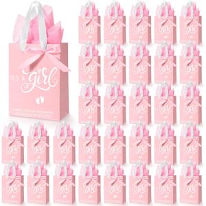 Qilery 50 Sets 8" Baby Shower Favor Bags It's a Girl Gift Bags with Handle Tissue Paper and Ribbon Bow Pink Baby Shower Party Favors for Guests Gender Reveal Birthday Supplies