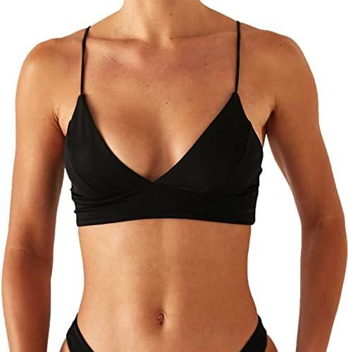 Women's Bikini Top Soild Color Push Up V Neck Bathing Suit Swimsuit Top Size M, Black