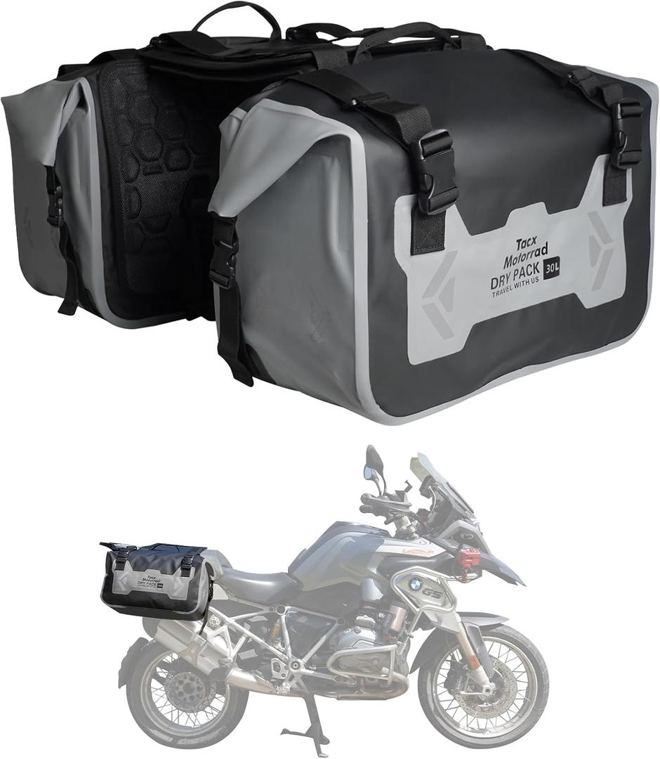 Motorcycle Saddle Bags Tail Bag, 60L(30L*2) Roll-top Waterproof Motor Detachable Side Trunk Bag, Motor Panniers Luggage Bag for Motorcy