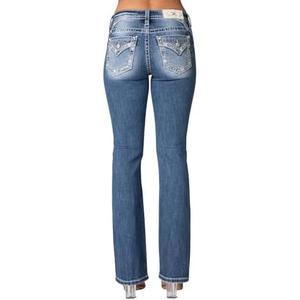 Miss Me Women's Metallic Border Faux Flap Pocket Mid-Rise Bootcut Jeans 30x32 Medium Blue