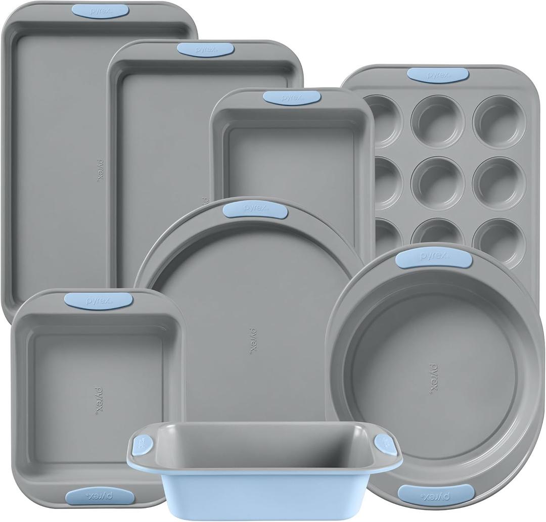 Pyrex 8-Piece Metal Bakeware Set, Lightweight Stainless Steel Baking Trays with Heatsafe Silicone Handles, Cookie & Muffin Sheets, Round/Square Baking Pans, Cerulean