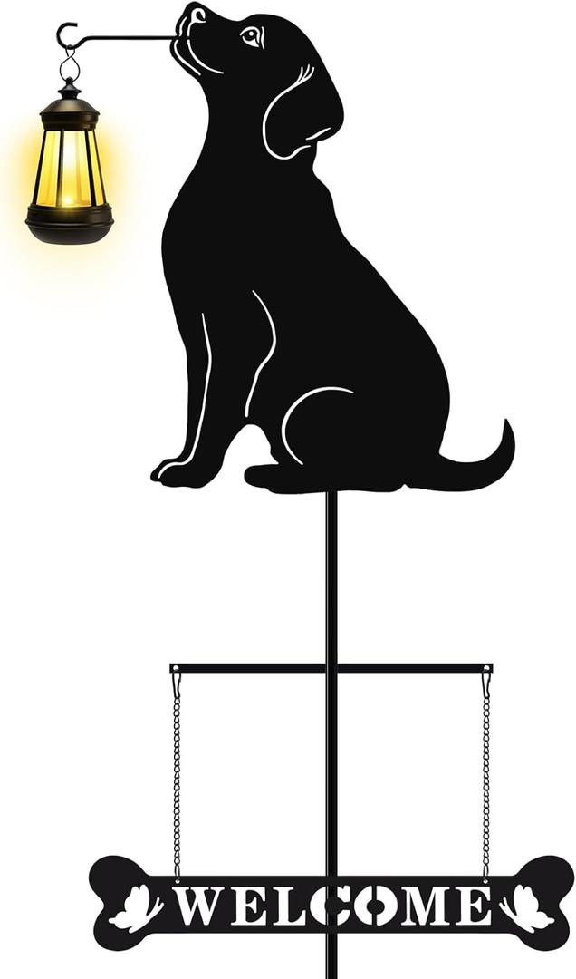 Solar Garden Stakes Golden Retriever Silhouette Dog Welcome Sign with Lantern Outdoor Decorative Stakes for Outside,Pathway,Yard, Lawn