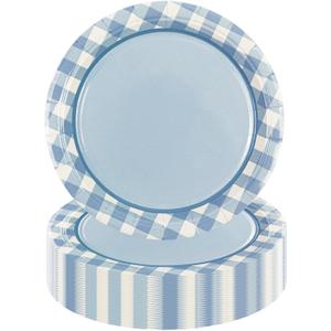 4 x 50PCS Blue Gingham Birthday Plates, 7 Inch Disposable Gingham Cake Plates Plaid Dessert Plates for Picnic Barbecue Baby Shower Wedding Birthday Party Decorations