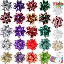 JOYIN 75PCS Christmas Bows Assortment with 2 Rolls of Curling Ribbons,5 Colors Self Adhesive Gift Bows for Gift Wrapping, Birthday Wedding Easter Xmas Presents Boxes Decoration (3 inch, Golden, Purple, Green, Red, Silver)