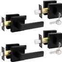 Probrico Flat Black Passage Door Lever with Single Cylinder Deadbolts Combo Pack, Modern Square Lock Set Handleset,Exterior Door Handle and Deadbolts Set,Exterior Door Lever Passage 2 Pack