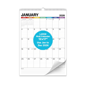 Dunwell Large Wall Calendar 2026, 12x17 (Colorful), Big Grid 12 x 17 Hanging Monthly Calendar with Large Daily Blocks, Premium Paper, Use Jan to Dec 2026