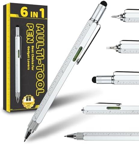 Men Valentines Day Gifts for Him Boyfriend Husband, Cool Gadgets Tools 6 in 1 Multitool Pen with Stylus, Level, Rulers, Screwdrivers, Father's Day Birthday Gift for Dad(Silver) set of 2