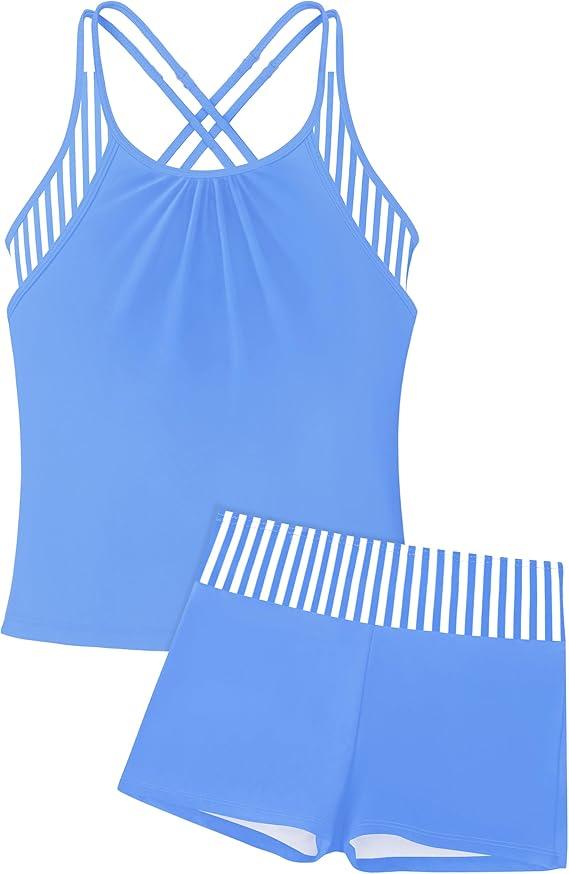 KANGKANG Girls Swimsuit Solid Color Stripes Cross Straps Tankini Shorts 2 Piece Bathing Suit Teen Girl Swimwear 7-16Y (13-14 Years, Black)
