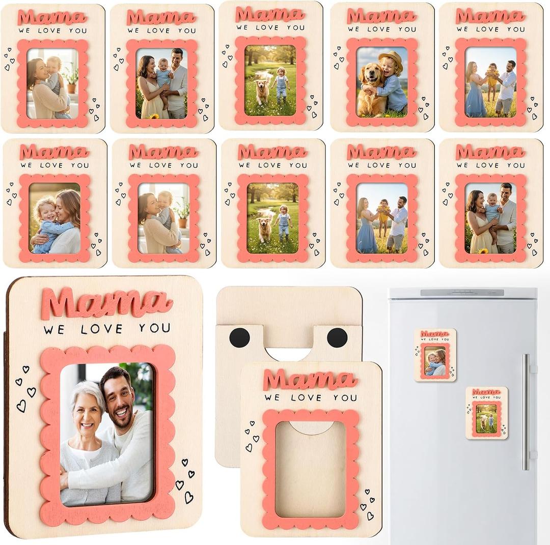 Pinkunn 12 Pcs Mother's Day Fridge Magnet Mama Magnetic Picture Frame Gifts Wooden Magnet Fridge Photo Decoration Classroom Gifts for Home Mother's Day Birthday School Activities Supplies