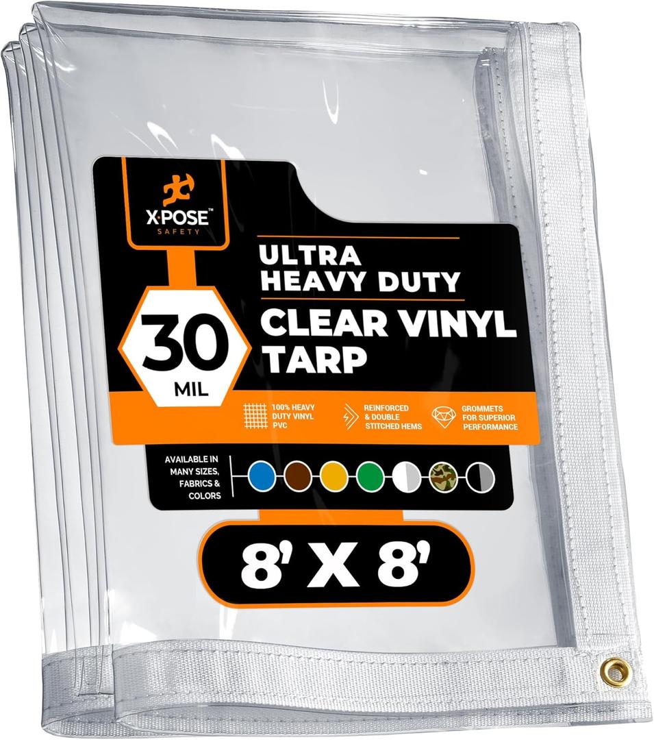 8' x 8' Clear Vinyl Tarp - 30 Mil Super Heavy Duty Transparent Waterproof PVC Tarpaulin with Brass Grommets - for Patio Enclosure, Temporary Wall, Camping, Tent Cover, Canopy - by Xpose Safety