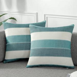 AmHoo Pack of 2 Farmhouse Stripe Check Throw Pillow Covers Set Case Cotton Linen Decorative Pillowcases Cushion Cover for Couch Bench Sofa 22x22Inch Teal Blue