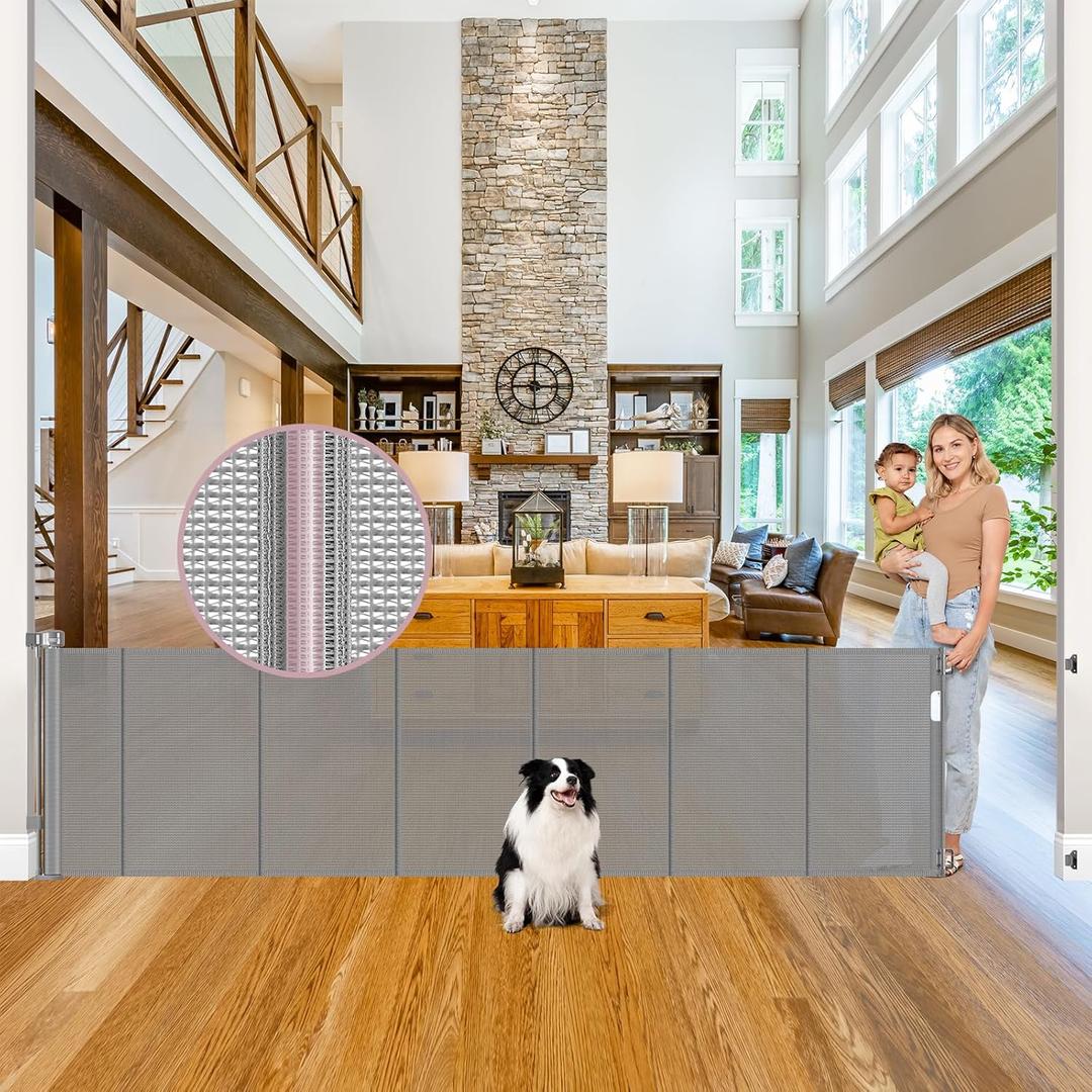 Reinforced 100" Wide Retractable Dog Gate with Support Rod, 8ft Retractable Baby Gate, Retractable Gates for Dogs, Long Baby Gates Indoor Extra Long Dog Gate Prevent Crawling Under Mesh Baby Gate, Gray (100" Drilling Required)