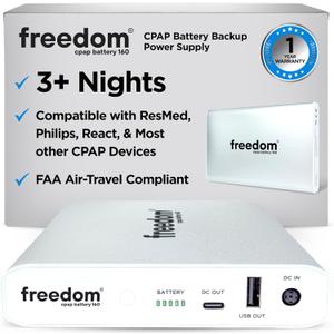 Freedom CPAP Battery Backup Power Supply, 160 Watt Hour, for Camping, Airline Travel & Power Outages (White)