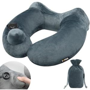 1 Pack Inflatable Travel Neck Pillow with Compact Bag and Washable Cover for Sleeping Airplane Soft Velvet Pillow for Long Flight Neck Cushion for Head Support Car Home Office (GreyGreen 1pack)