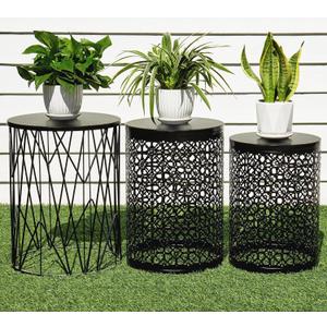 HFHOME Set of 3 Heavy-Duty Round End Table, Side Table, Coffee Table for Indoor Multifunctional Use, Outdoor Decorative Garden Stool Plant Stand-Black