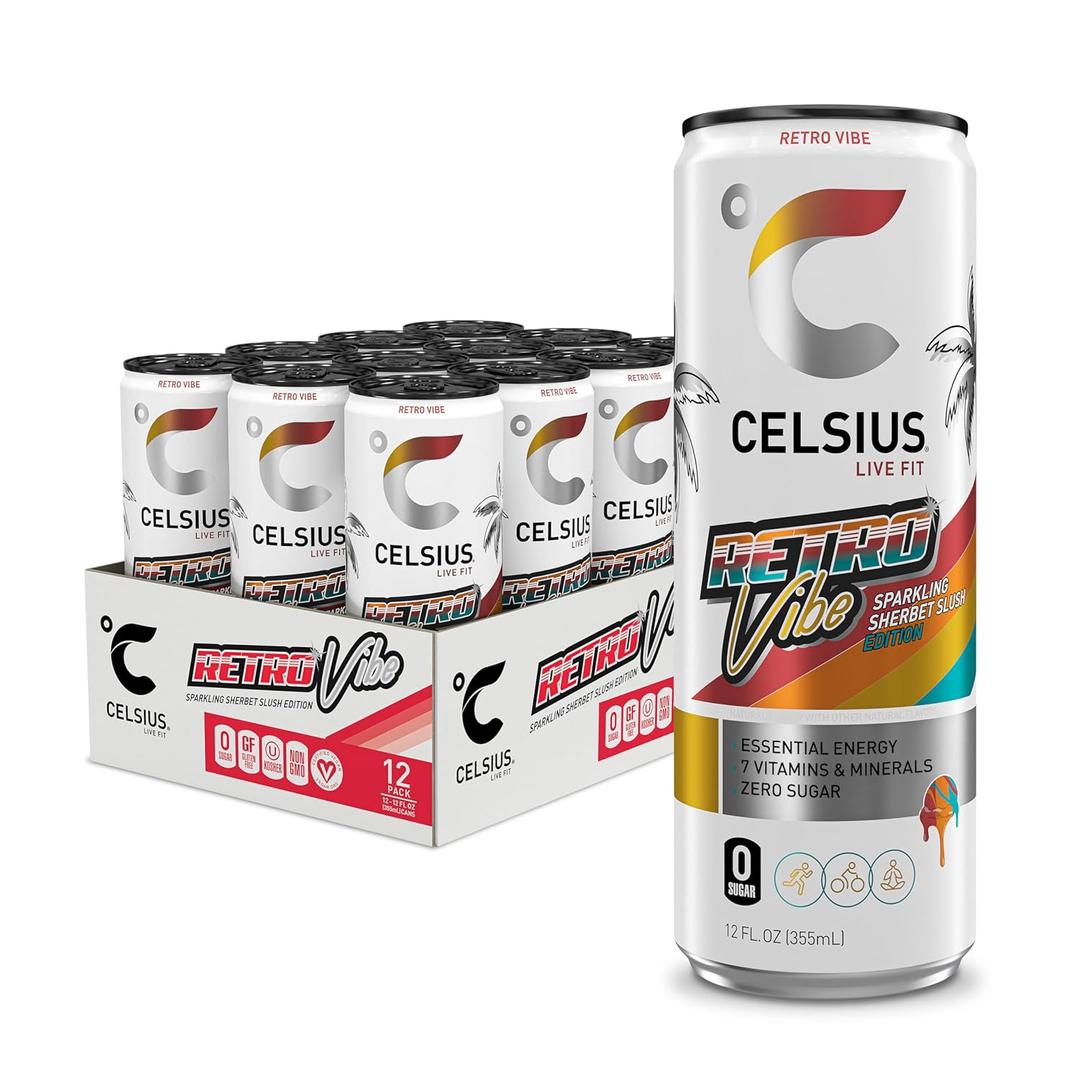 CELSIUS RETRO VIBE Sparkling Sherbet Slush, Sugar Free Energy Drink, 12 Fl. Oz. (Pack of 12), BBD Nov 2026