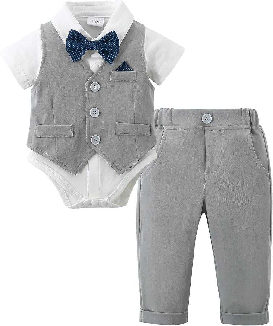 DISAUR Baby Boy Clothes Toddler Boy Outfits 4PCS Gentleman Dress Romper/Vest/Pants/Bow Tie Cotton Suit Sets (3-6 Months, Grey 2)