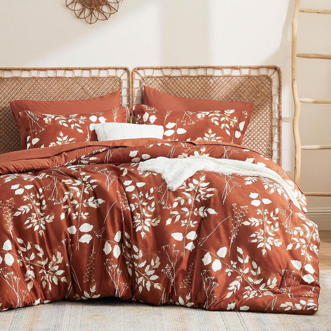 Bedsure Twin Comforter Set - 5 Pieces Floral Terracotta Soft Bedding Sets, Twin Bed in a Bag with Botanical Flowers Comforter, Sheets, Pillowcase & Sham