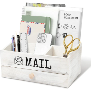 | Mail Organizer for Countertop | Desk Organizer Storage with Drawer | Wooden Rustic White