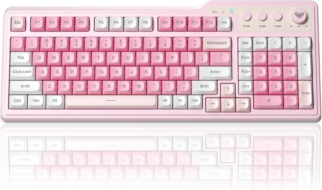 Aula F3099 Wireless Keyboard with Media Knob, Tri-Mode BT5.0/2.4GHz/USB-C Cute Creamy Keyboard with Number Pad, RGB Backlit Gaming Keyboard, Quiet Typing Pink Computer Keyboards for Office Laptop/PC