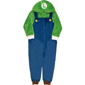Nintendo Super Mario Brothers Boys Long Sleeve Onesie Zip Coverall with Hoodie Mario & Luigi Cosplay Zip Up Onesie (4, Green and Blue)