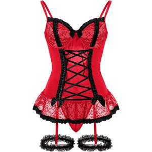 Sexy Mesh Corset Ruffle Lace Up Underwire Sheer Garter Belt Babydoll Lingerie Set With Thong 3 Piece Women (Medium, Red Black)