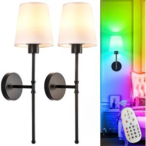 Depuley Battery Operated Wall Sconce: Set of 2 Wireless Wall Lights with Remote for Bedroom - Black Rechargeable 15 Colors RGB Halloween Wall Lamp for Living Room Hallway 24 Inch 