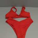 geluboao Bikini Set for Women Solid V Neck Knot Front Push Up High Leg Thong Two Piece Swimsuit (Small, Red)