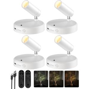 EZVALO Spot Lights Indoor,5500mAh Rechargeable Plants Spotlights with Remote,Wireless Mini Art Accent Spot Lights with TimerDimmable, 3CCT, Uplights Indoor for Plants,Display,Artwork(4Pack-White)