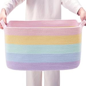 75L Extra Large Rainbow Cotton Rope Storage Basket for Blanket Rectangle Woven Basket for Toys Clothes laundry in Living Room Bedroom for Baby Nursery Kids Toy Box for Girls